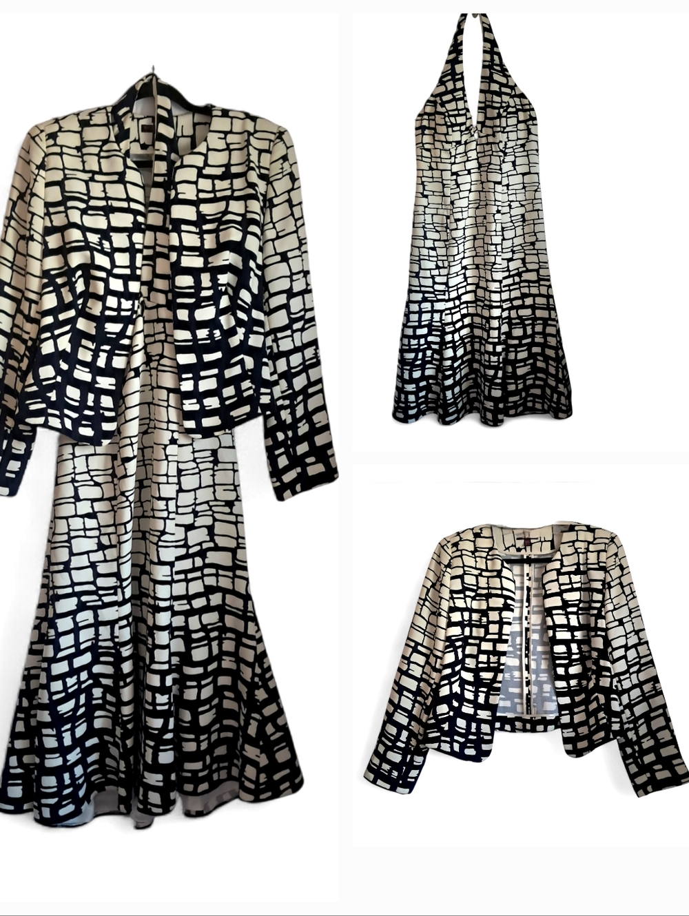 Belinda Ch'ng Halter Dress & Jacket  Sz 10 Black/ White Ombre Geometric  EUC